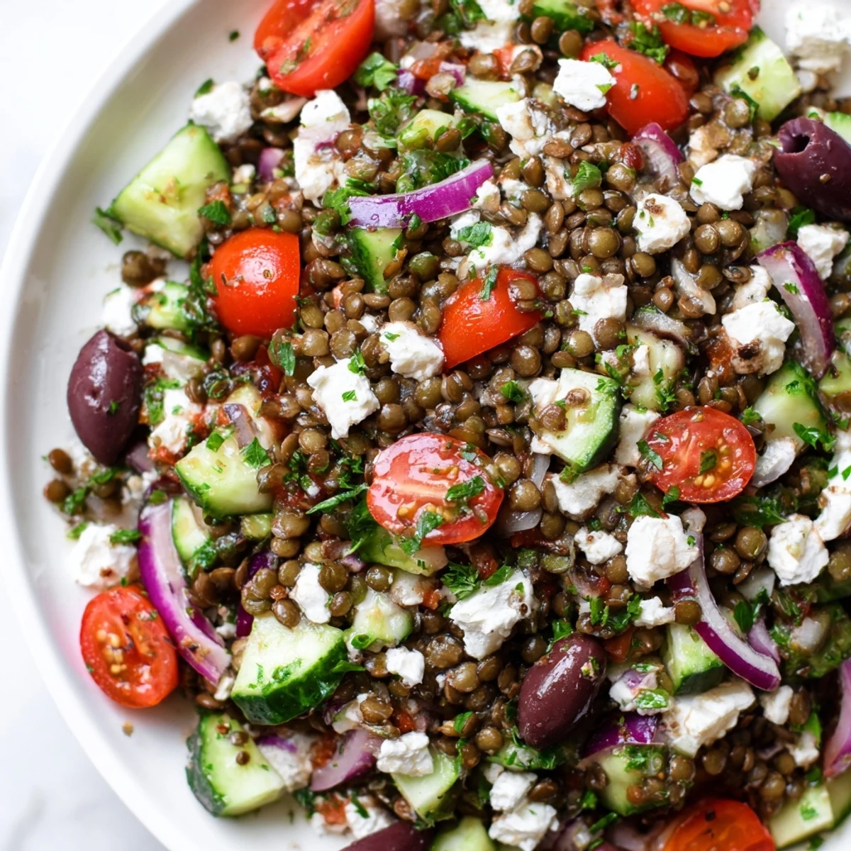 Colorful Mediterranean Lentil Salad with Feta, crisp cucumbers and bell peppers tossed in a zesty lemon dressing.