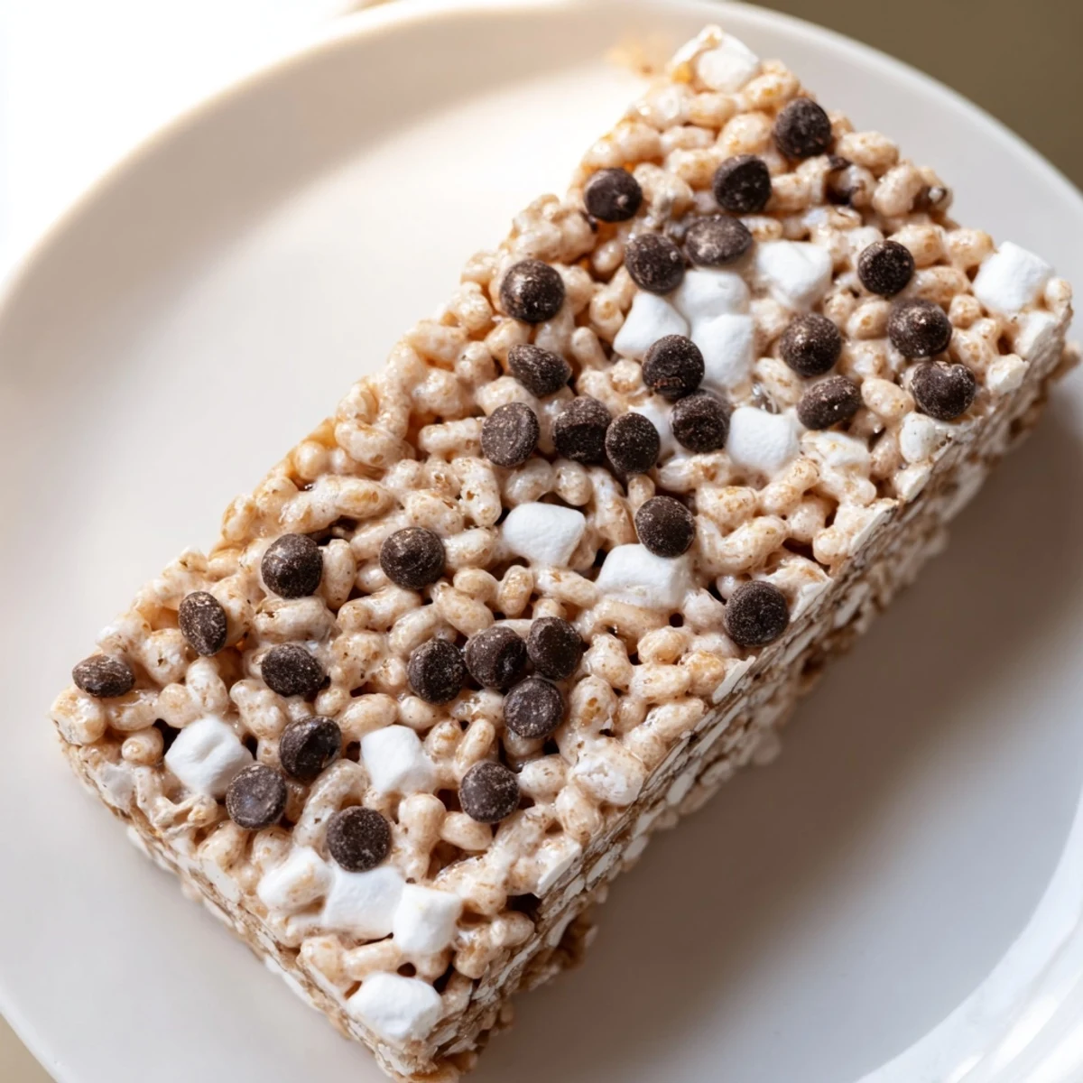 Golden Crispy Treat Bars studded with mini chocolate chips, stacked on a white plate next to a tall glass of cold milk.