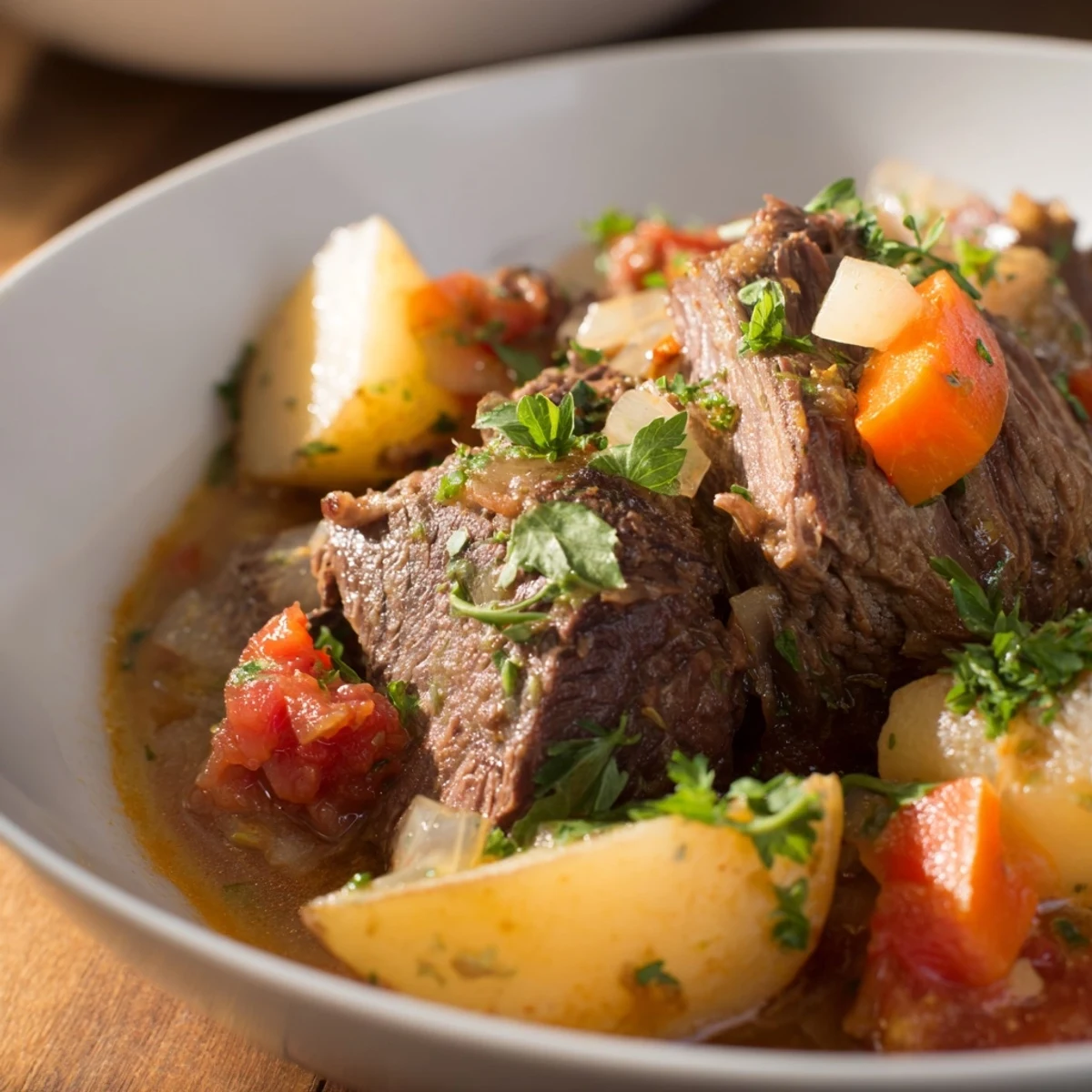 Slow Cooker Meal Pot with tender beef chunks, carrots, and potatoes, finished with fresh parsley.