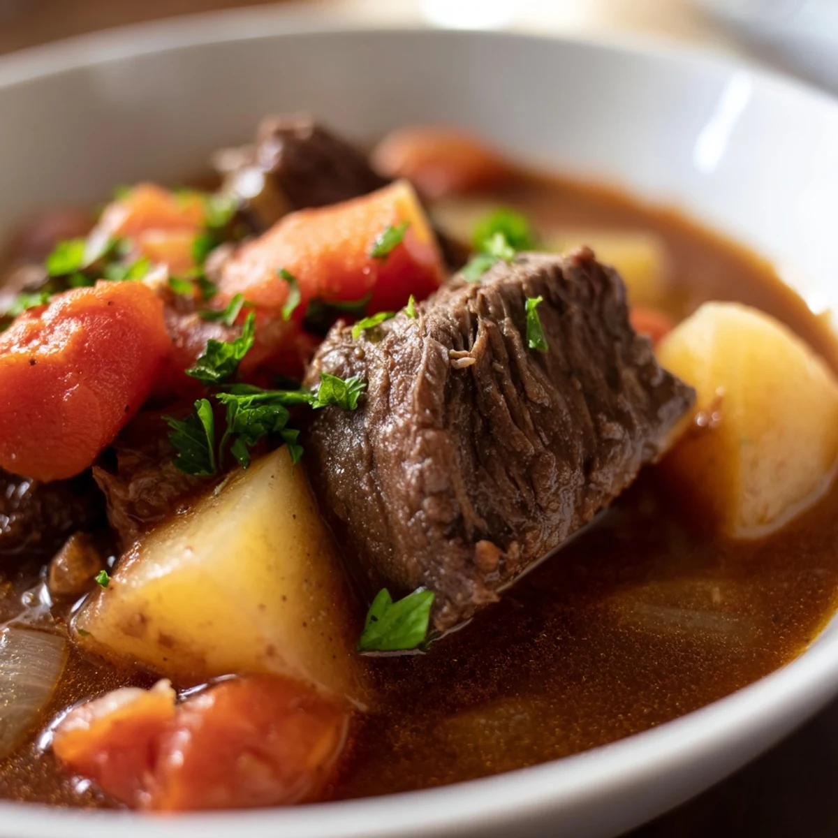 A hearty Slow Cooker Meal Pot served in a rustic bowl, with a ladle of savory broth.