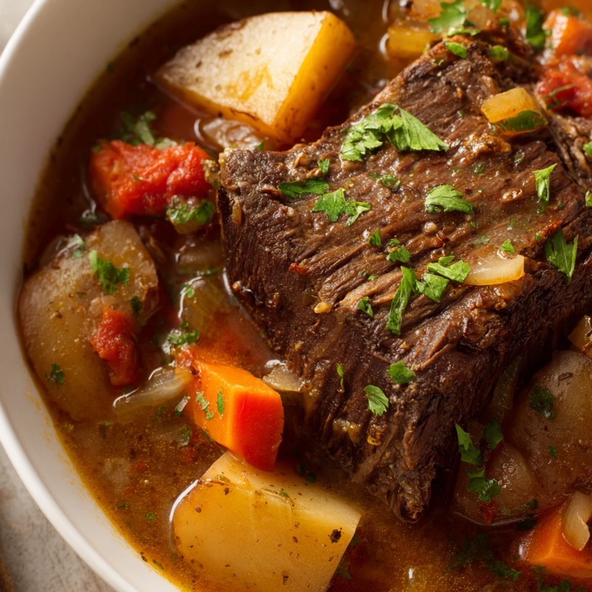 Family-style Slow Cooker Meal Pot garnished with peas and parsley, perfect with crusty bread for dipping.
