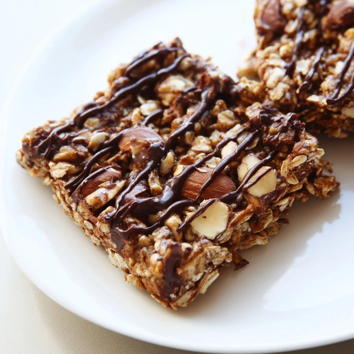 A close-up of homemade Chocolate Snack Bars with melted dark chocolate drizzle and chopped nuts on top.