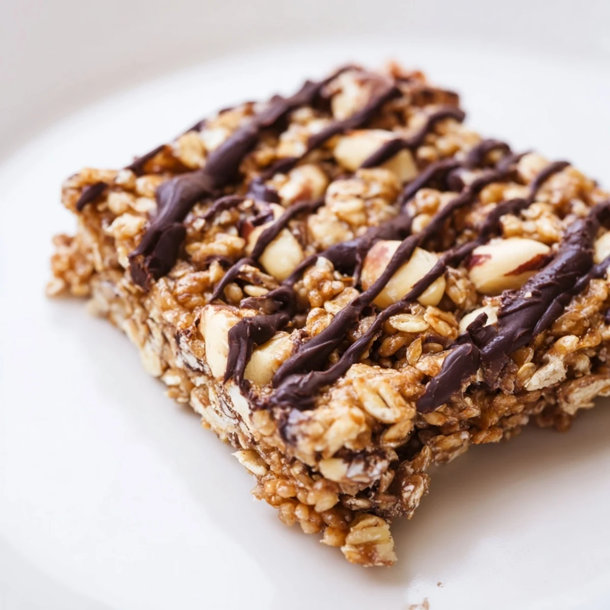 Freshly sliced Chocolate Snack Bars reveal a chewy texture with oats, almonds, and walnuts on a wooden board.