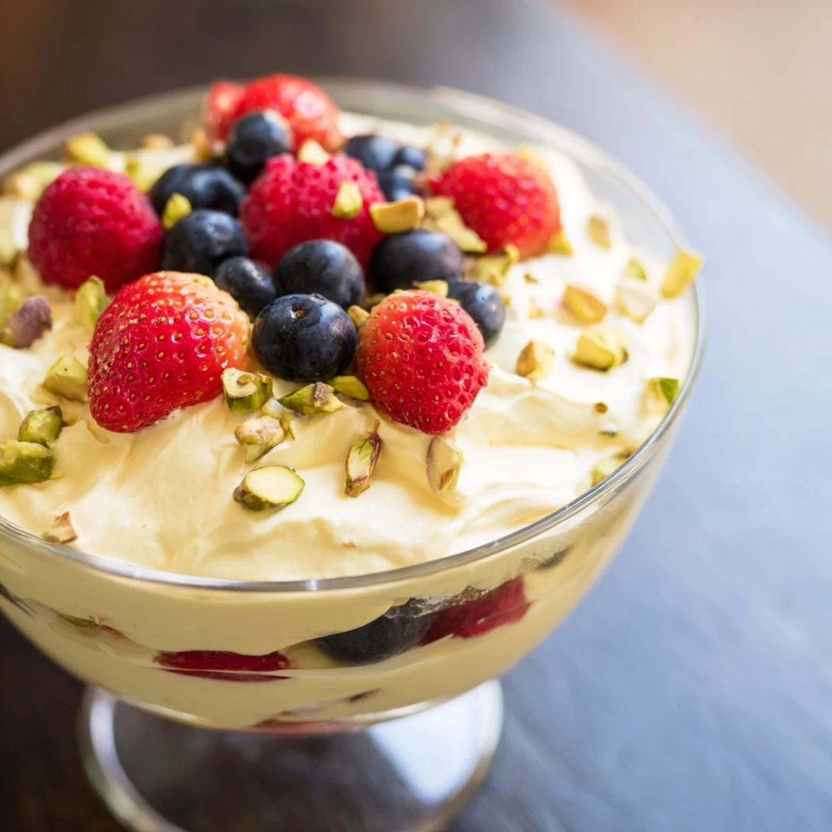 A close-up of Creamy Treat Dessert topped with chopped pistachios and juicy berries, ready to serve chilled.