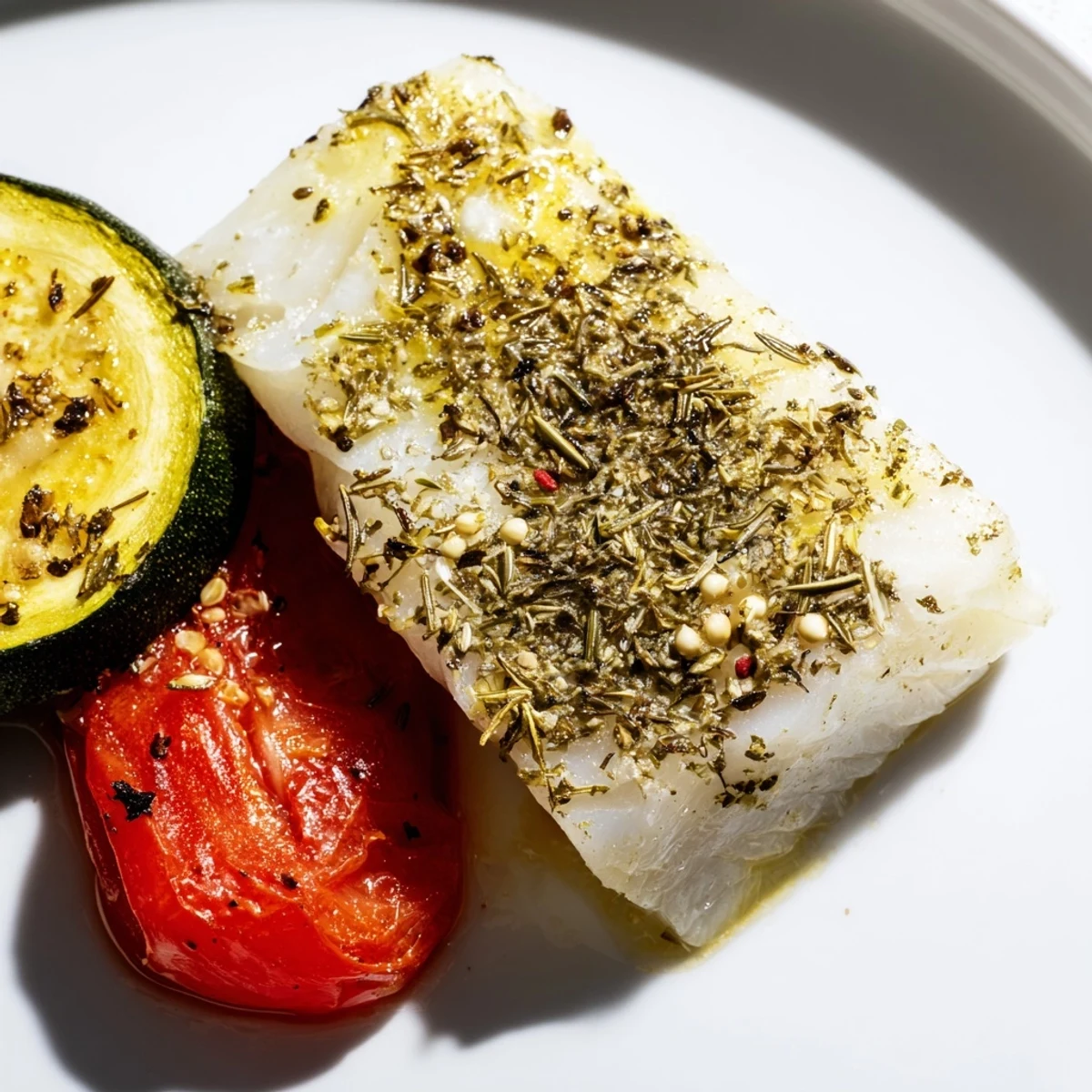Golden baked cod fillets and roasted vegetables on a platter, garnished with fresh parsley and lemon wedges for a Mediterranean dinner.