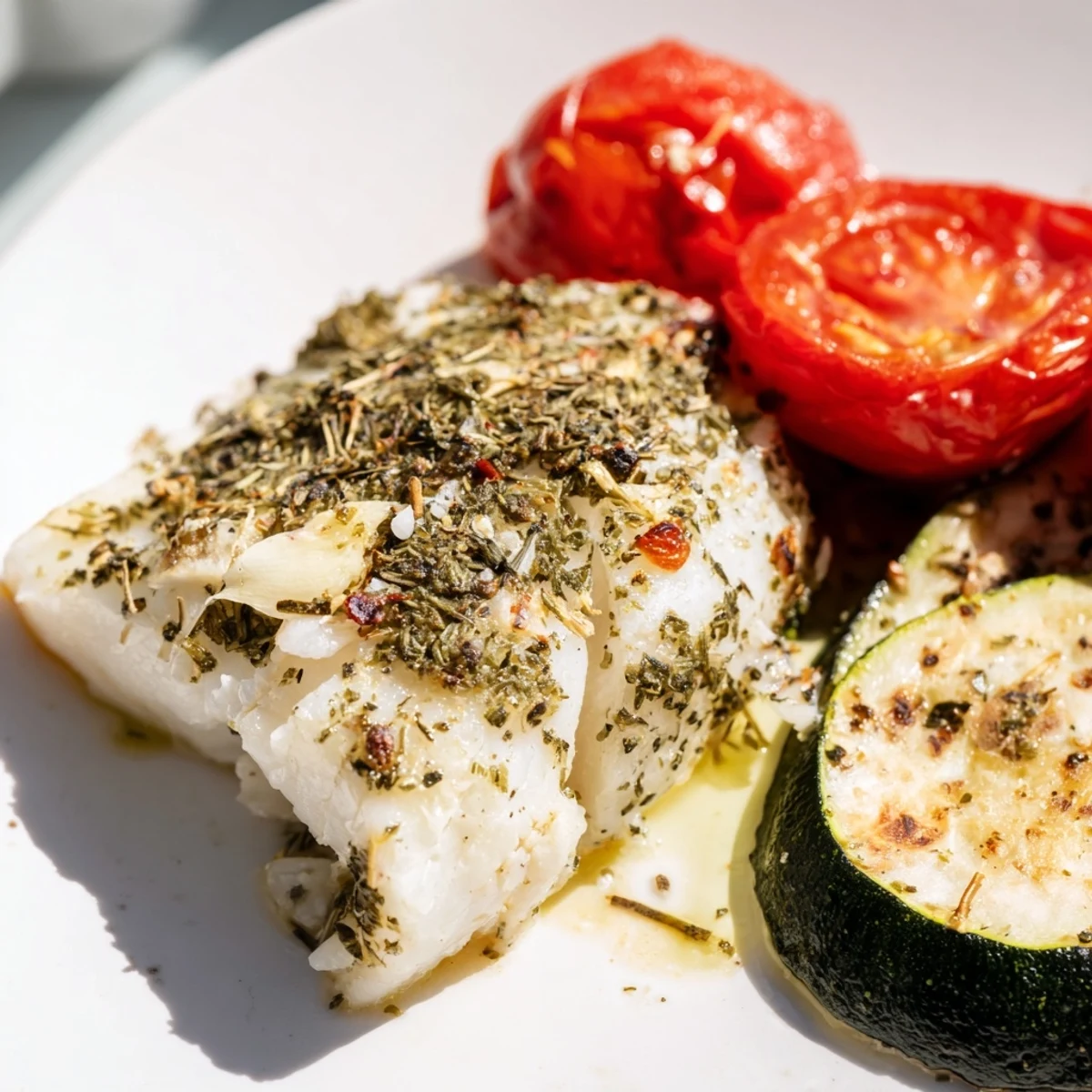 Mediterranean baked cod dish platter with herb-infused fillets and colorful roasted vegetables, perfect for easy gluten-free weeknight dinners.
