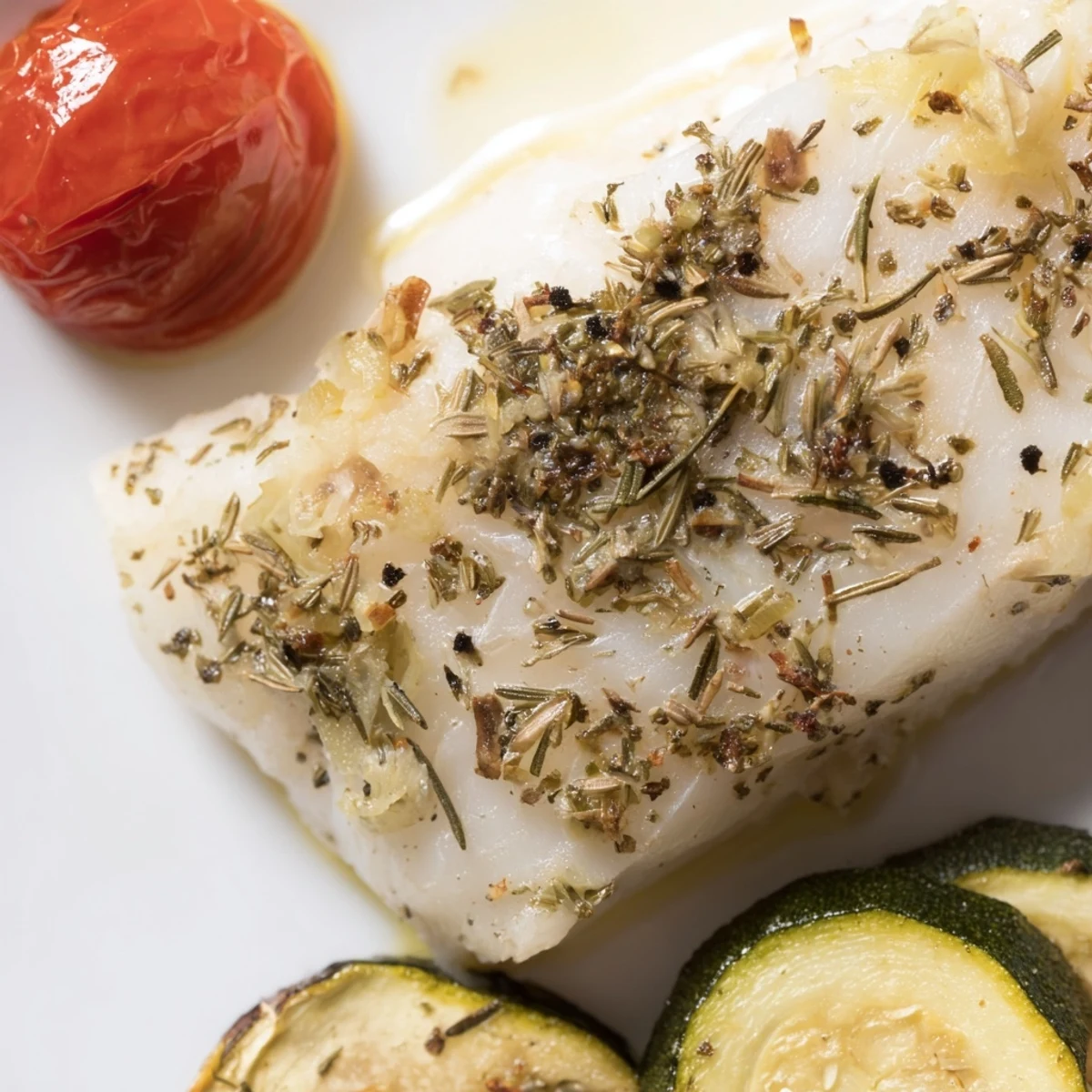 Fork-tender baked cod with roasted bell peppers, zucchini, and cherry tomatoes, served with lemon wedges for a bright, healthy meal.