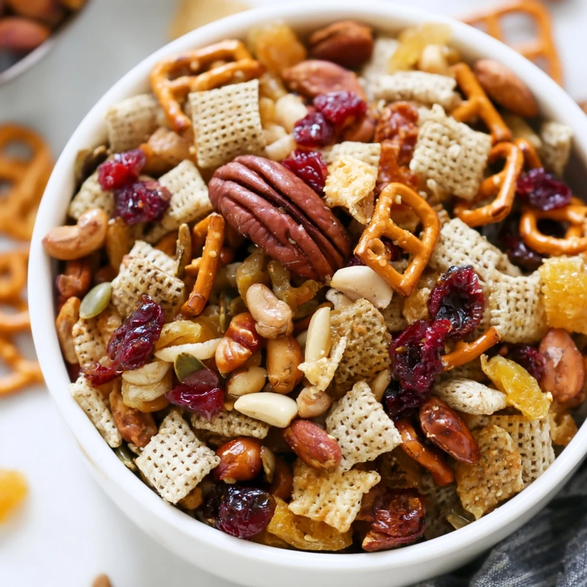 Golden-baked Winter Snack Mix cooling on a parchment-lined tray, showcasing toasted pecans, almonds, and spices.
