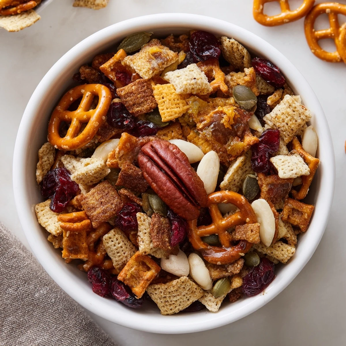 A large bowl of homemade Winter Snack Mix loaded with crunchy cereals, pretzels, and dried apricots.