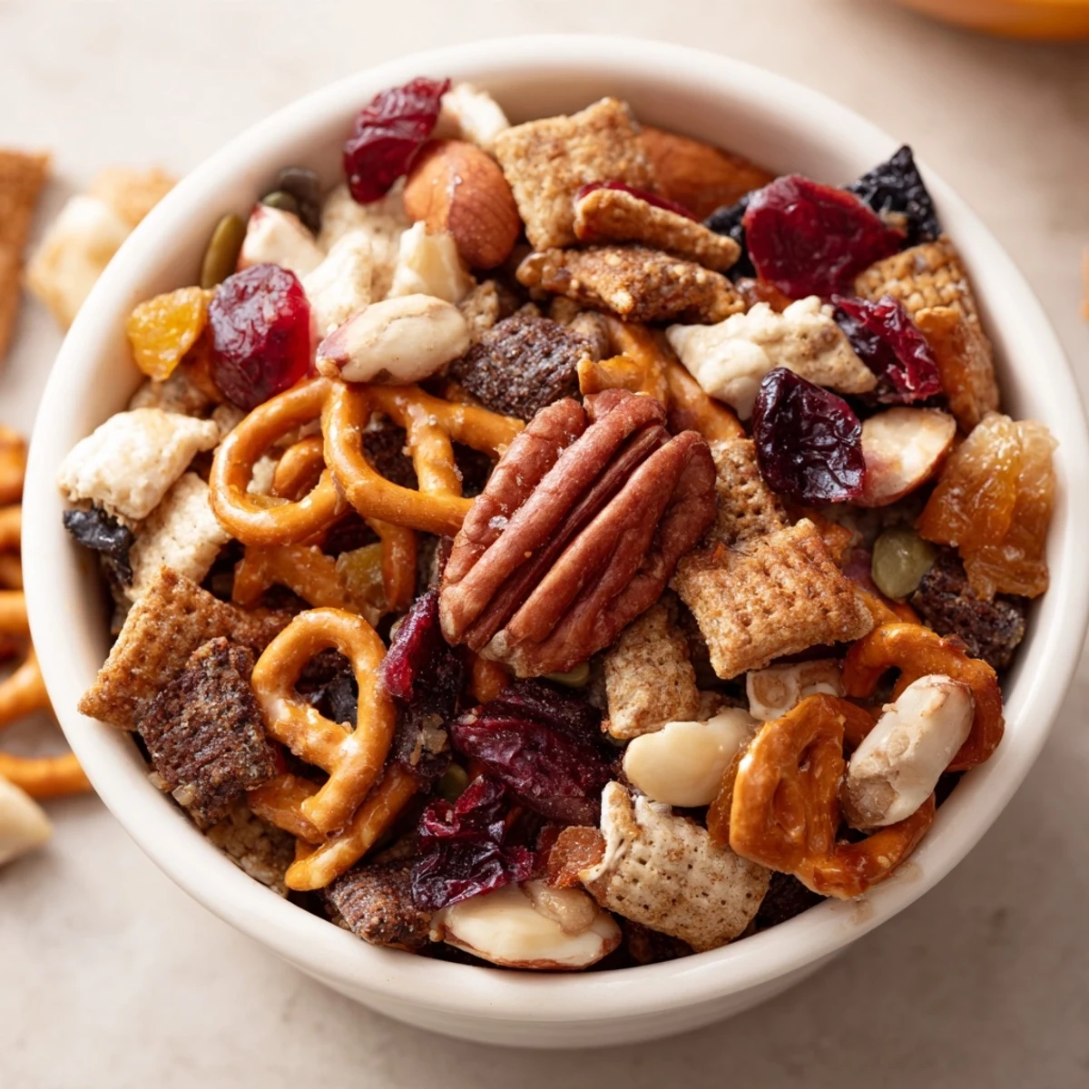 Festive Winter Snack Mix served in a rustic wooden bowl, perfect for cozy movie nights or parties.