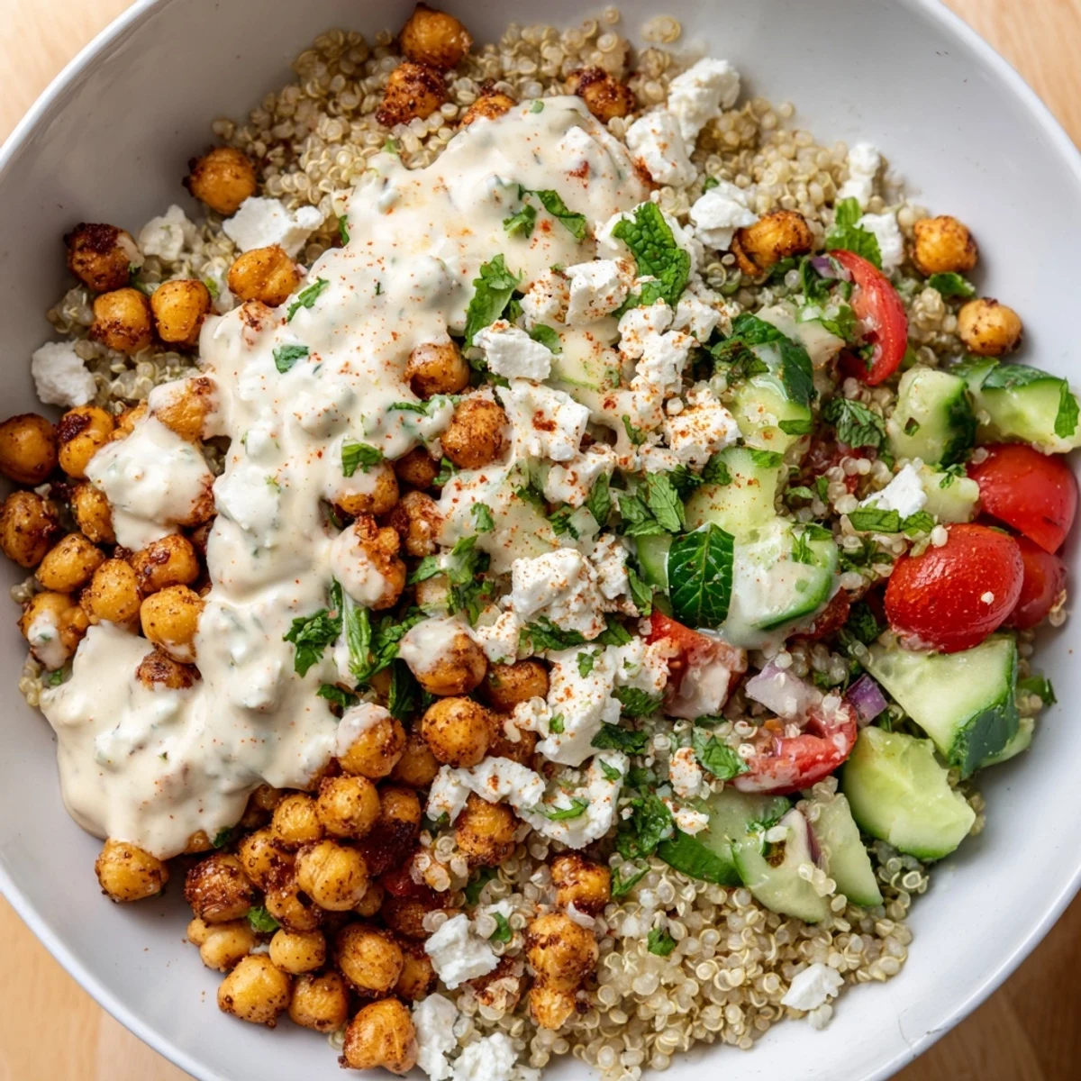 A vibrant Mediterranean Meal Bowl with golden chickpeas, fresh veggies, and a drizzle of creamy lemon-tahini dressing.