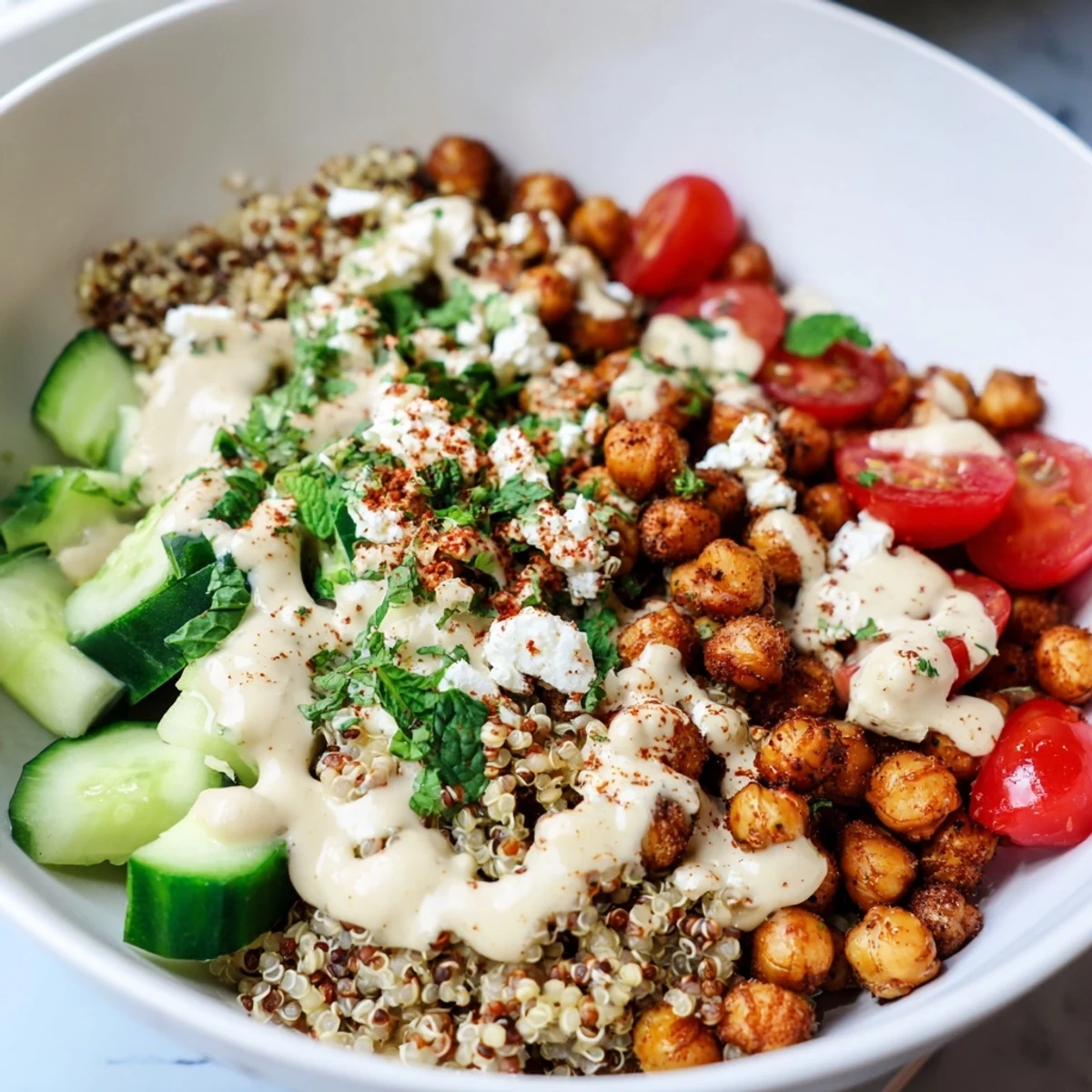 Fork-ready Mediterranean Meal Bowl with herbed quinoa, spinach, feta, and olives on a rustic white plate.