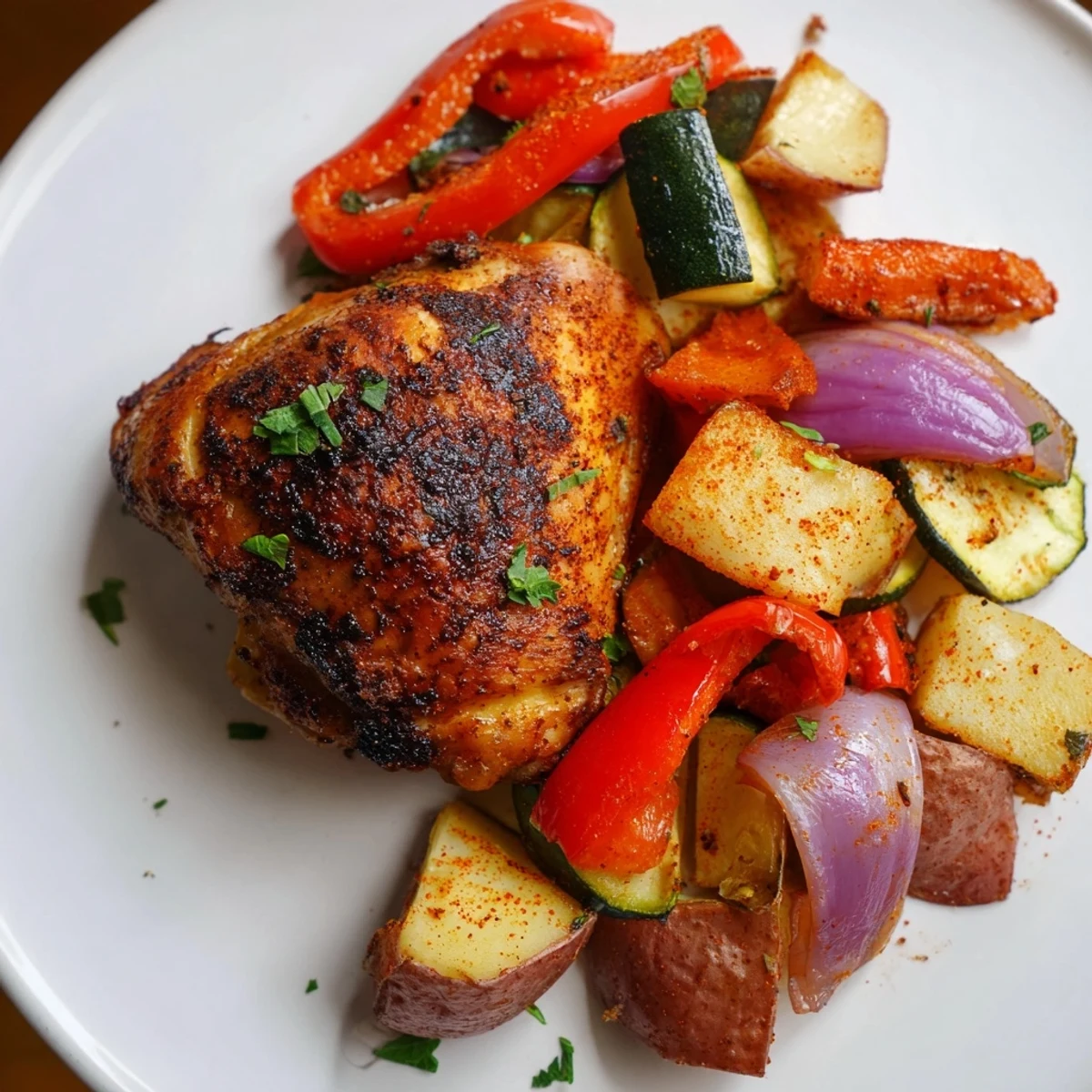 Golden-brown roasted meal with crispy chicken thighs and colorful vegetables on a parchment-lined sheet pan, fresh parsley and lemon wedges alongside.