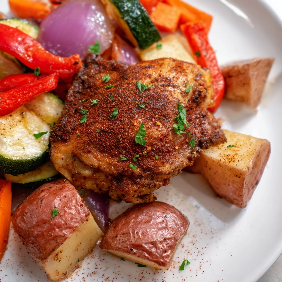 Sizzling roasted meal platter featuring juicy chicken and tender, caramelized vegetables garnished with herbs, ready to serve for dinner.