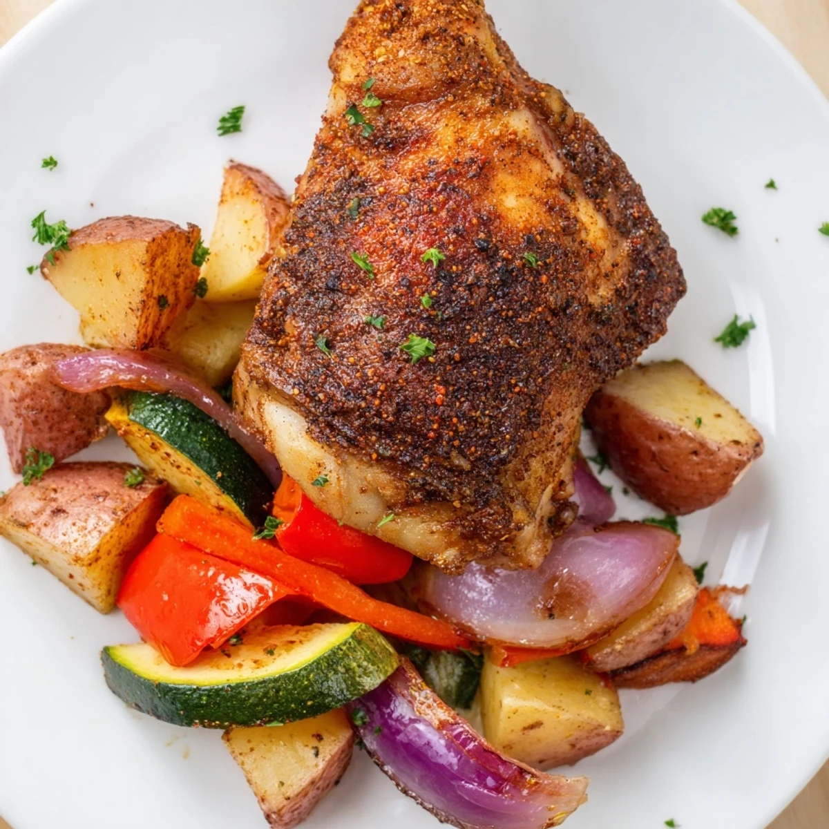 Close-up of roasted meal skillet with herbs, paprika-seasoned chicken, and vibrant seasonal vegetables, emphasizing the crispy skin.