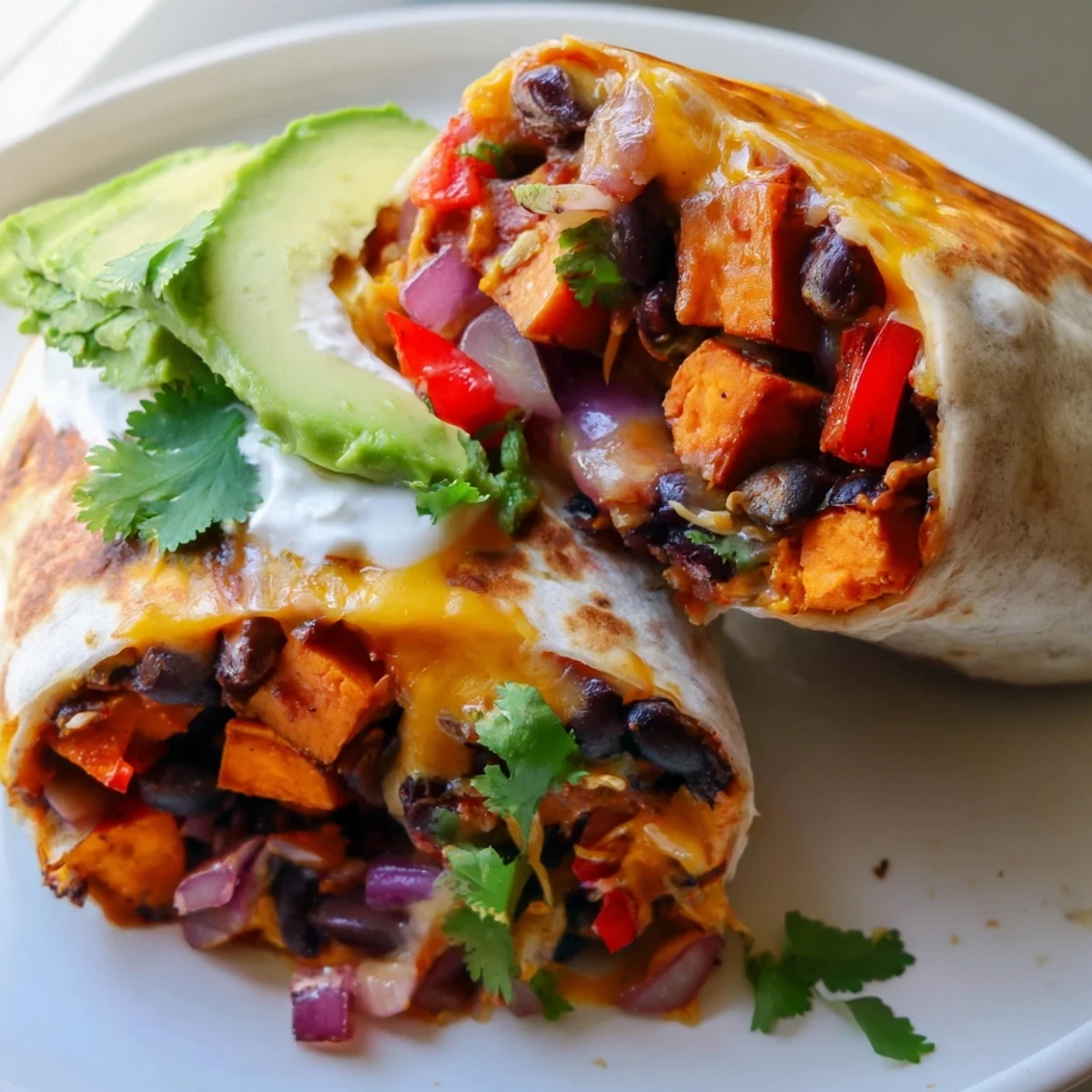 Golden roasted sweet potato and black bean burritos filled with cilantro, avocado, and cheese on a plate.