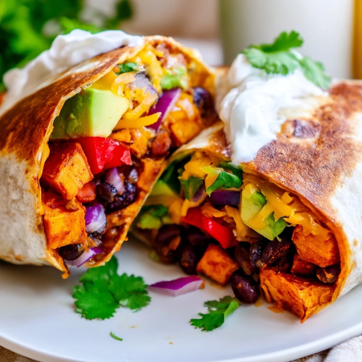 Warm flour tortilla stuffed with roasted sweet potato and black bean filling, topped with sour cream and lime.