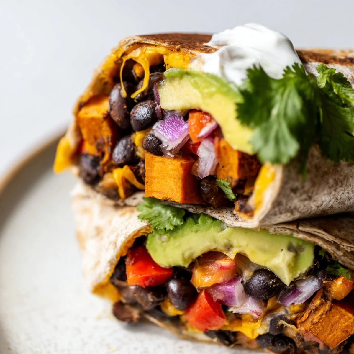 Freshly assembled Mexican-inspired sweet potato and black bean burritos cut in half on a rustic wooden table.