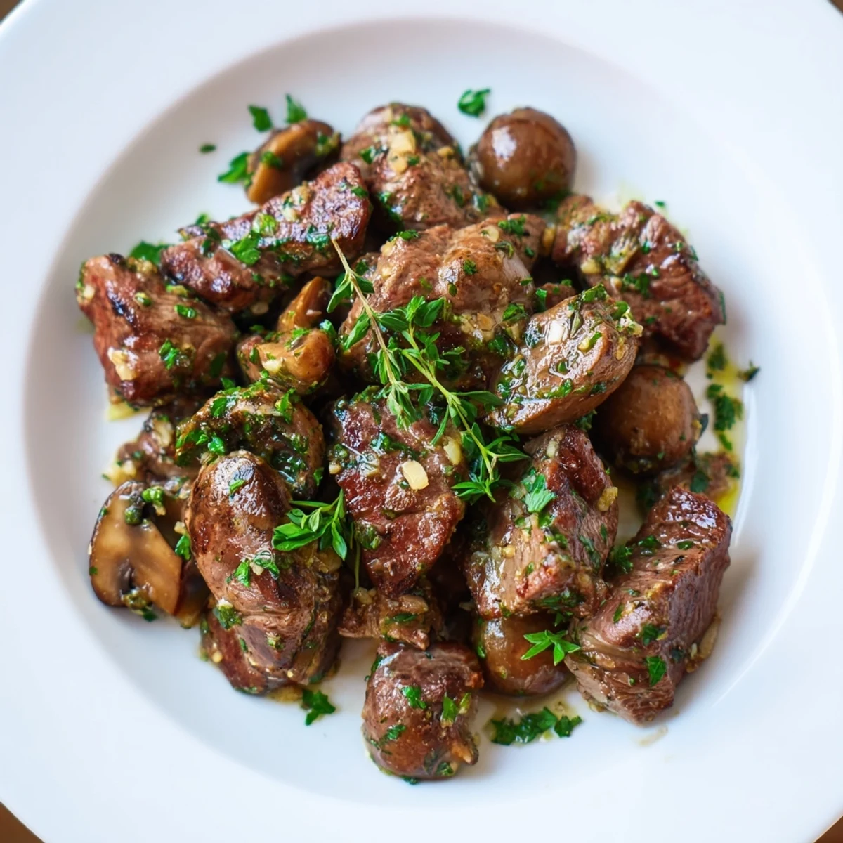 Golden-brown Garlic Butter Steak Bites with Mushrooms served over creamy mashed potatoes garnished with fresh parsley.