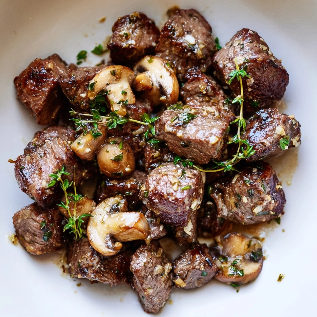 Close-up of juicy Garlic Butter Steak Bites with Mushrooms sizzling in a skillet with melted butter and herbs.