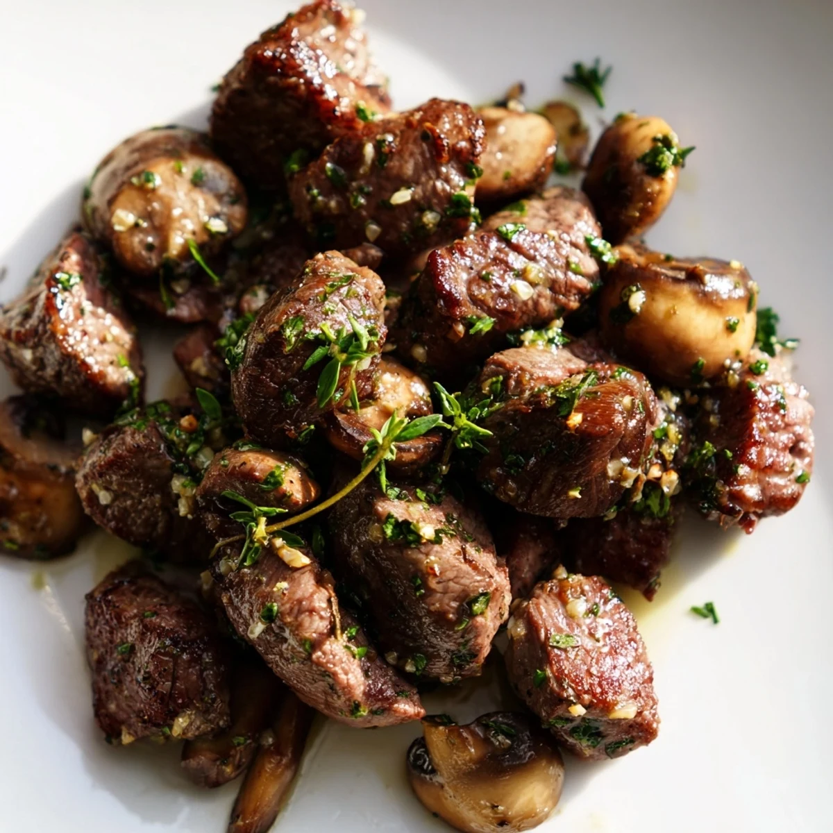 Plated Garlic Butter Steak Bites with Mushrooms and lemon wedges next to a rustic wooden serving spoon.