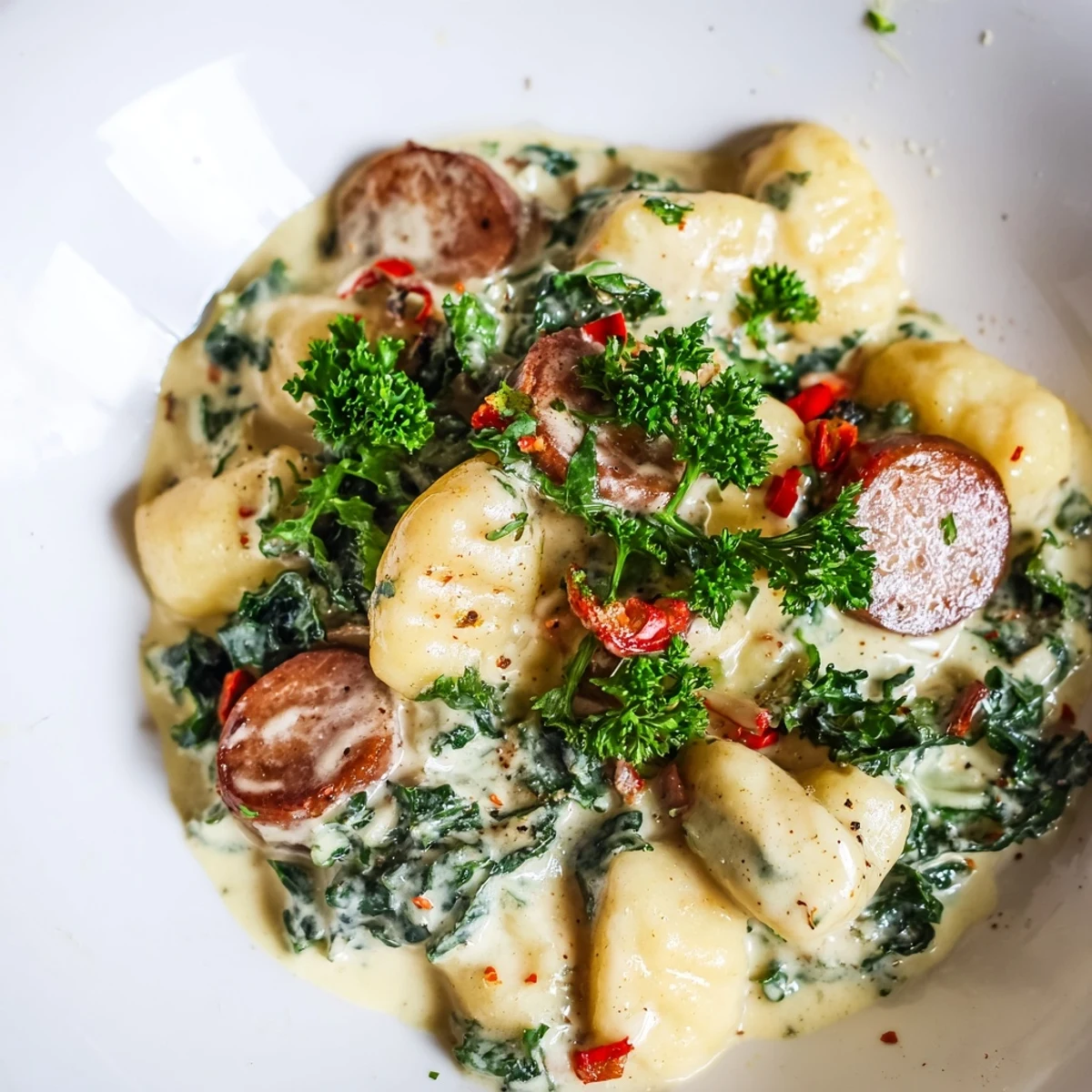 Creamy Gnocchi with Sausage and Kale served in a rustic skillet with fresh parsley garnish, steam rising.