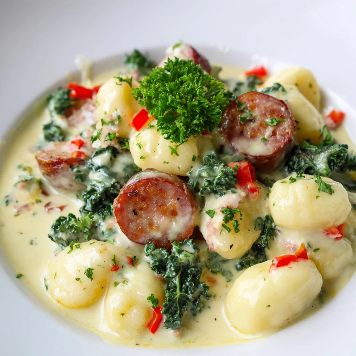 A hearty bowl of Creamy Gnocchi with Sausage and Kale, paired with a glass of white wine.