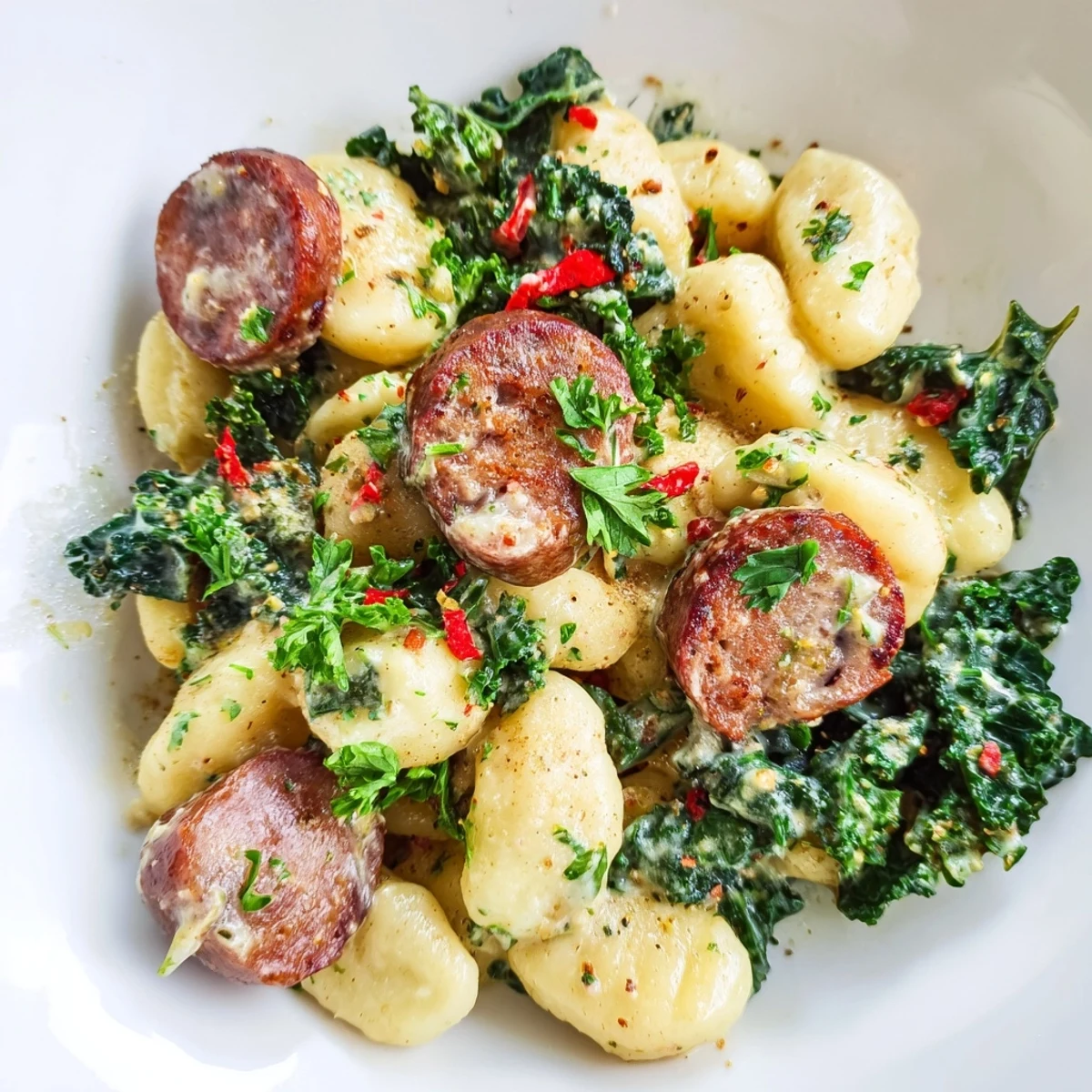 Close-up of Creamy Gnocchi with Sausage and Kale, showing golden sausage and wilted kale in garlic sauce.