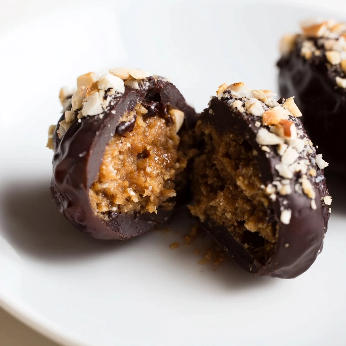 Glossy dark chocolate coats stuffed Medjool dates filled with creamy almond butter and crunchy chopped nuts.