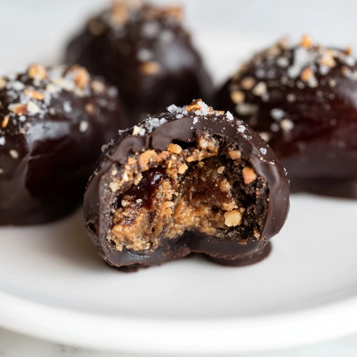 Chilled Chocolate Covered Dates Stuffed with Almond Butter are served on a rustic white platter.