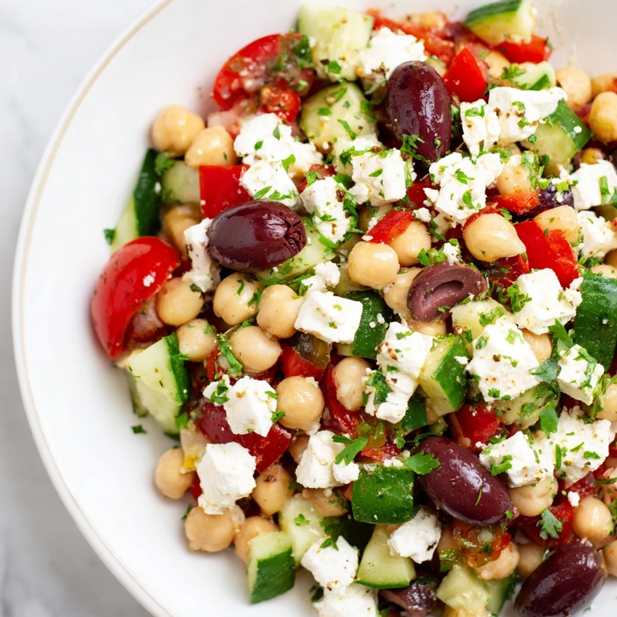 Serving suggestion for Mediterranean Chickpea Salad with Feta, garnished with parsley and Kalamata olives, tossed in a zesty lemon-oregano dressing.