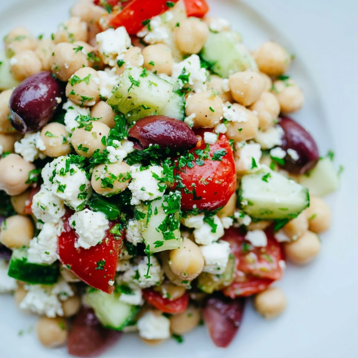 Close-up of Mediterranean Chickpea Salad with Feta, highlighting crumbled cheese, diced veggies, and fresh herbs perfect for a light vegetarian lunch.