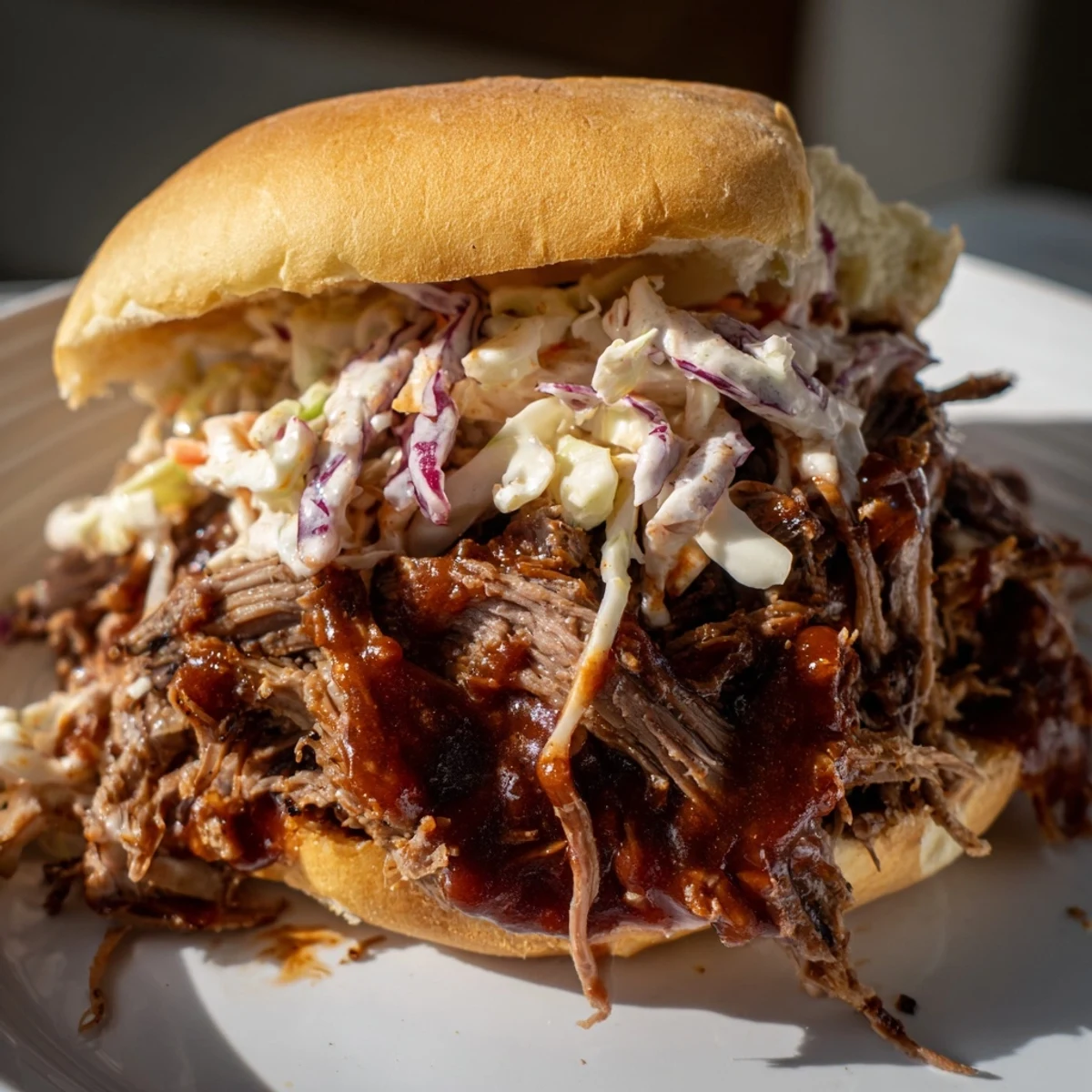 Shredded beef in a Slow Cooker Pulled Beef Sandwich topped with zesty slaw and sauce.