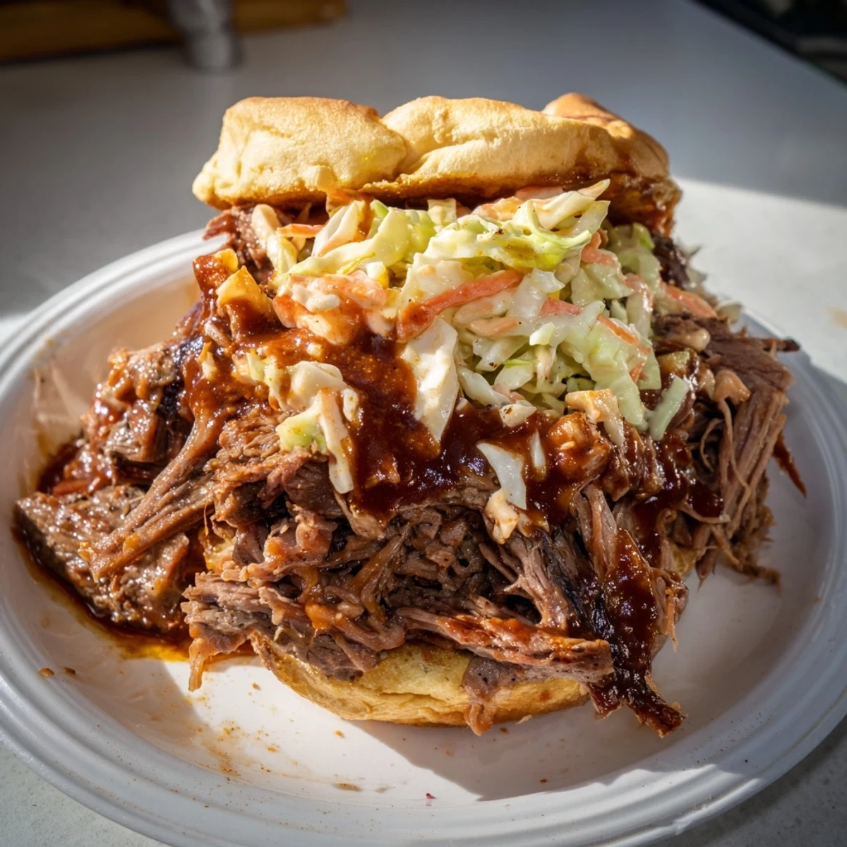 Golden-brown, tender Slow Cooker Pulled Beef Sandwiches piled high on toasted buns with coleslaw.