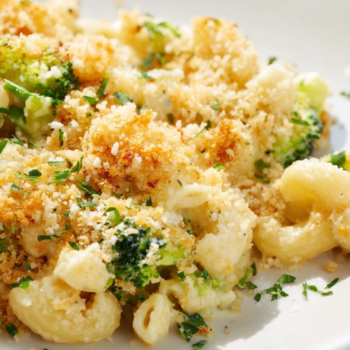 A close-up of creamy Baked Macaroni and Cheese with Broccoli, featuring tender elbow macaroni and vibrant green florets coated in cheddar sauce.