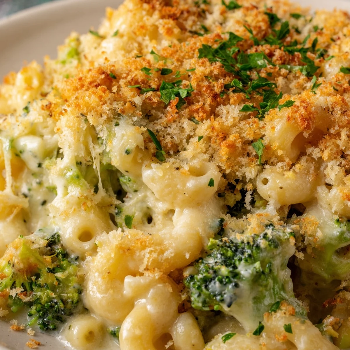 Golden-brown Baked Macaroni and Cheese with Broccoli bubbling in a ceramic dish, topped with crisp panko crumbs and fresh parsley.