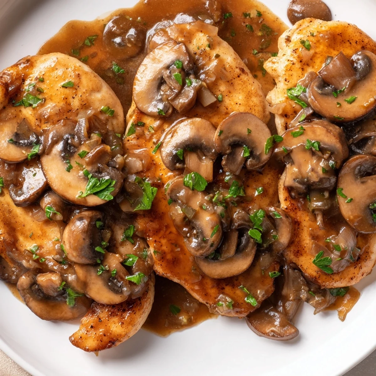 Golden-brown Chicken Marsala with Mushrooms served over creamy mashed potatoes, garnished with fresh parsley.