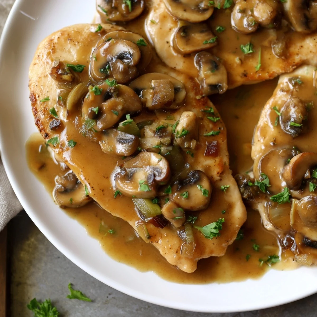 A close-up of a Chicken Marsala with Mushrooms plate, featuring savory sauce and bright green parsley garnish.