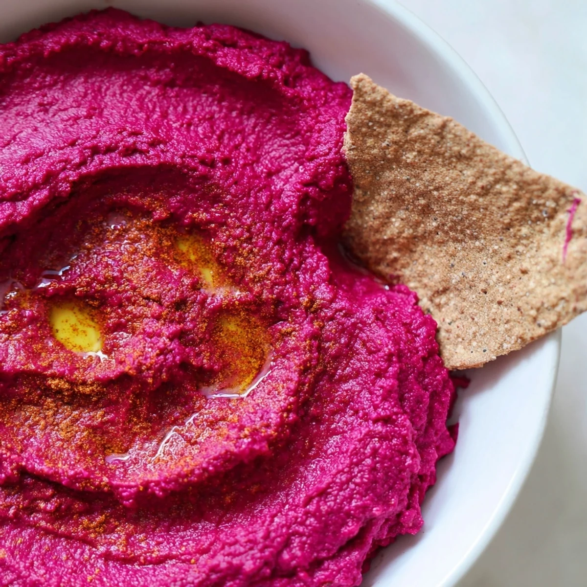 Roasted Beet Hummus with Pita Chips served in a bowl, topped with olive oil and cumin.