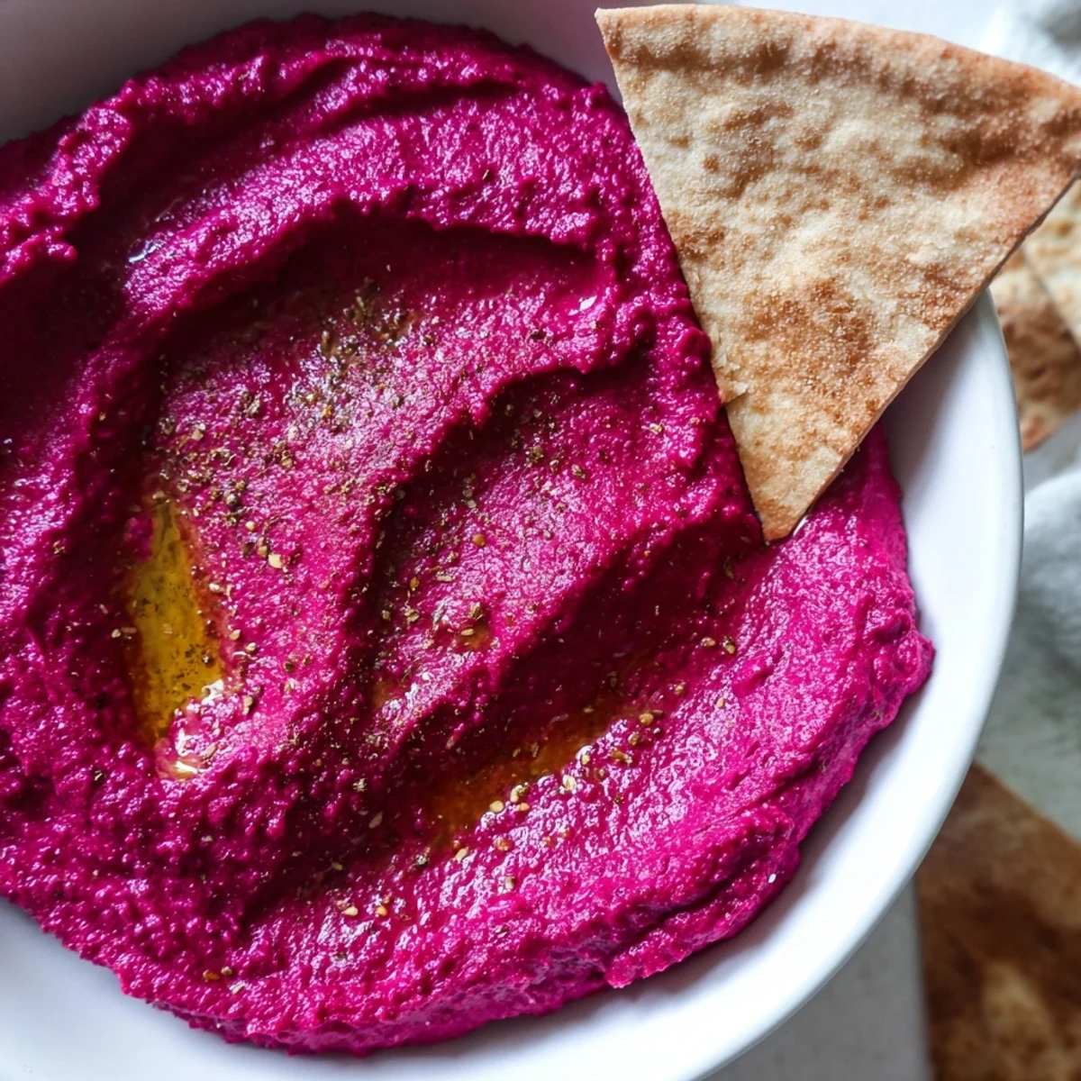 Bright pink hummus with crispy homemade pita chips arranged on a white platter.