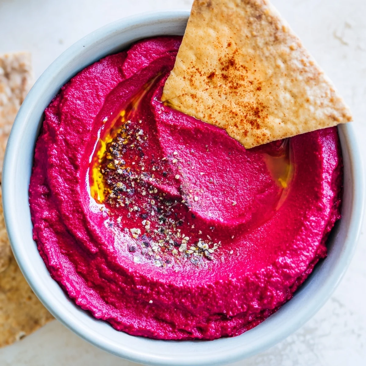 Close-up of Roasted Beet Hummus with Pita Chips, showcasing creamy texture and golden baked triangles.