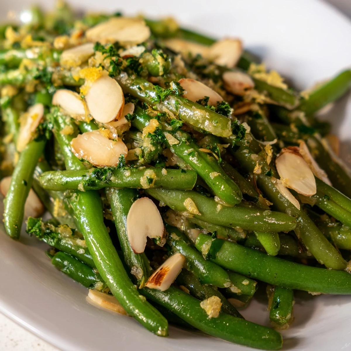 Lemon Green Beans tossed with olive oil and garlic, garnished with toasted almonds for a crisp, refreshing bite on the plate.