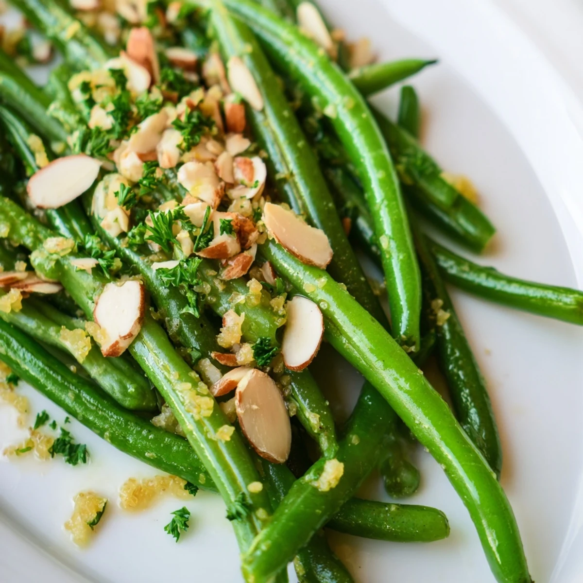 Crisp green beans coated in lemony dressing, finished with fresh parsley and almonds, perfect for pairing with roasted chicken.