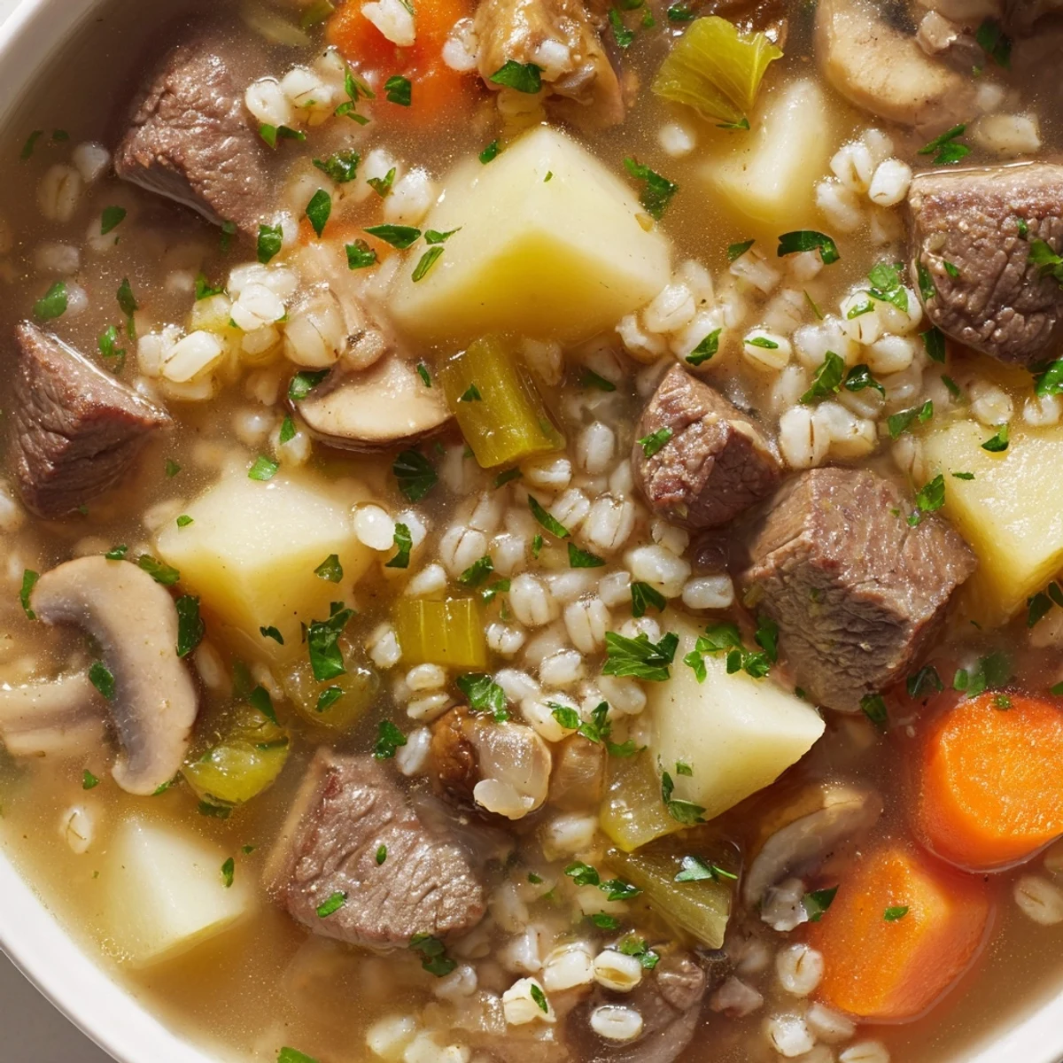 Steaming Beef and Pearl Barley Soup in a rustic pot, featuring tender beef chunks and vibrant carrots. Served with crusty bread for dipping.