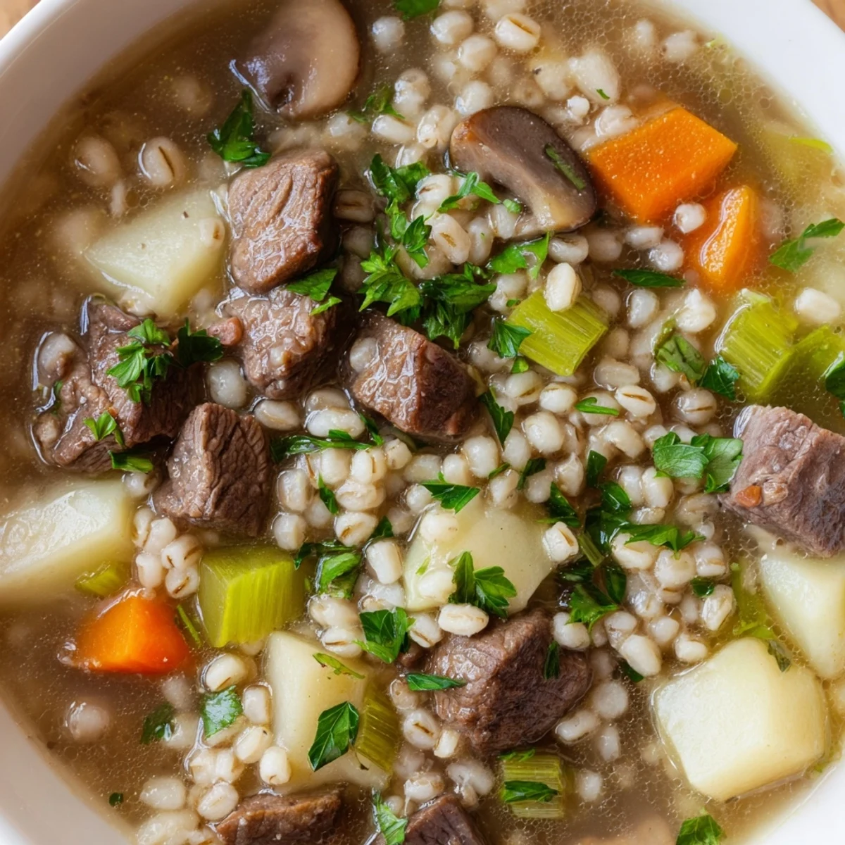 Close-up of Beef and Pearl Barley Soup in a white bowl, highlighting tender meat and chewy barley alongside sliced carrots and celery.