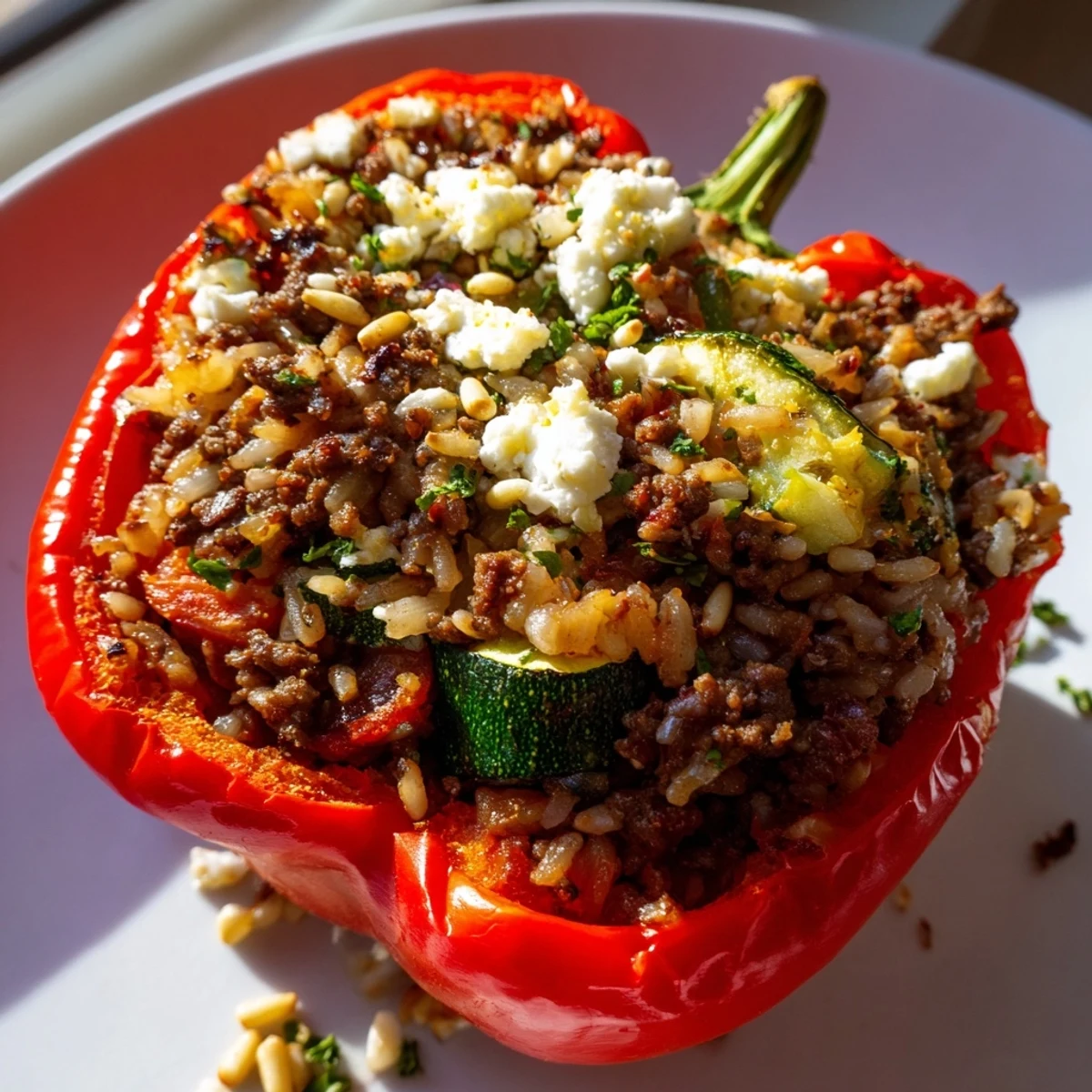 Freshly baked Mediterranean Stuffed Bell Peppers topped with crumbled feta and pine nuts, ready to eat.