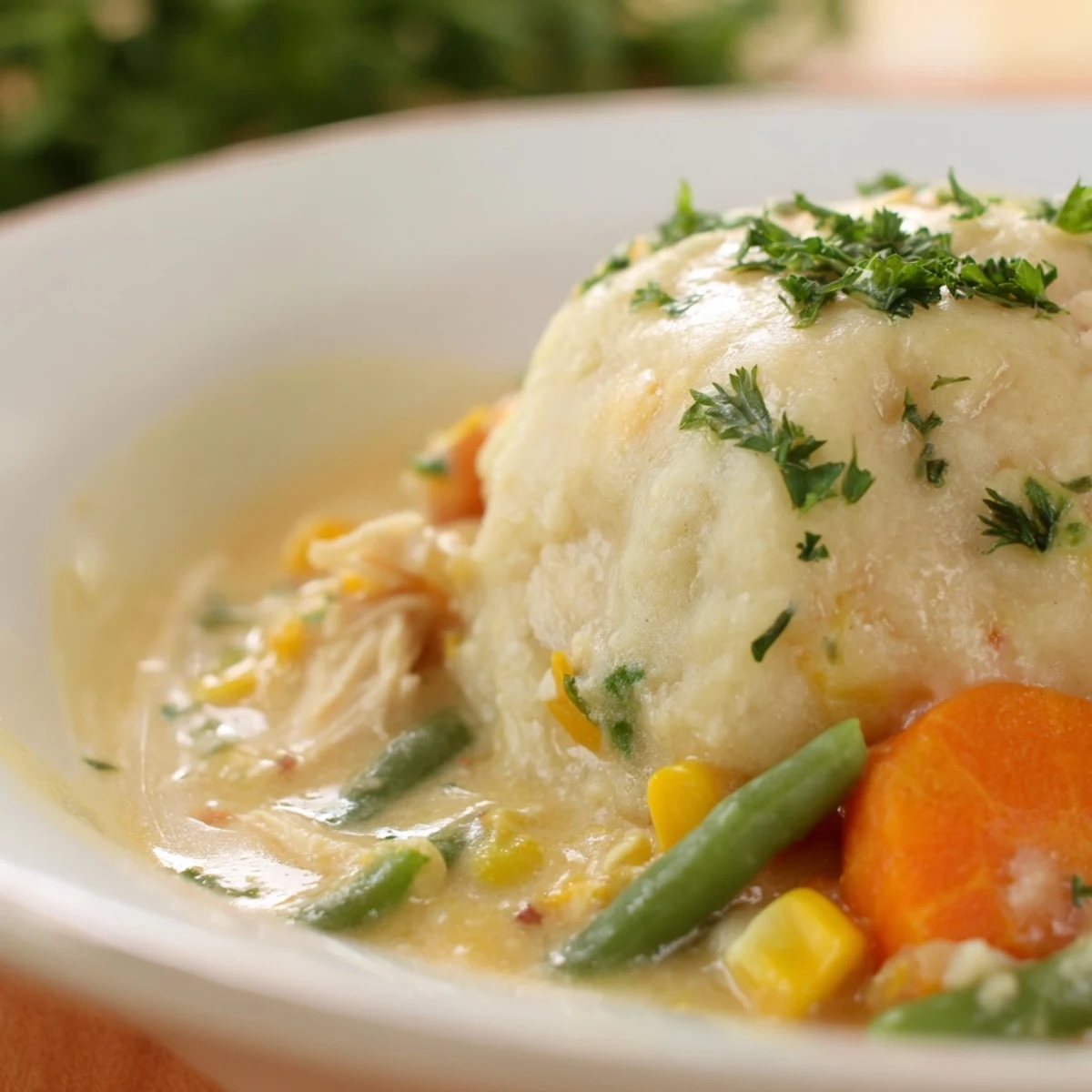 Creamy Slow Cooker Chicken and Dumplings with Vegetables served steaming in a rustic bowl next to fresh thyme and carrots. 