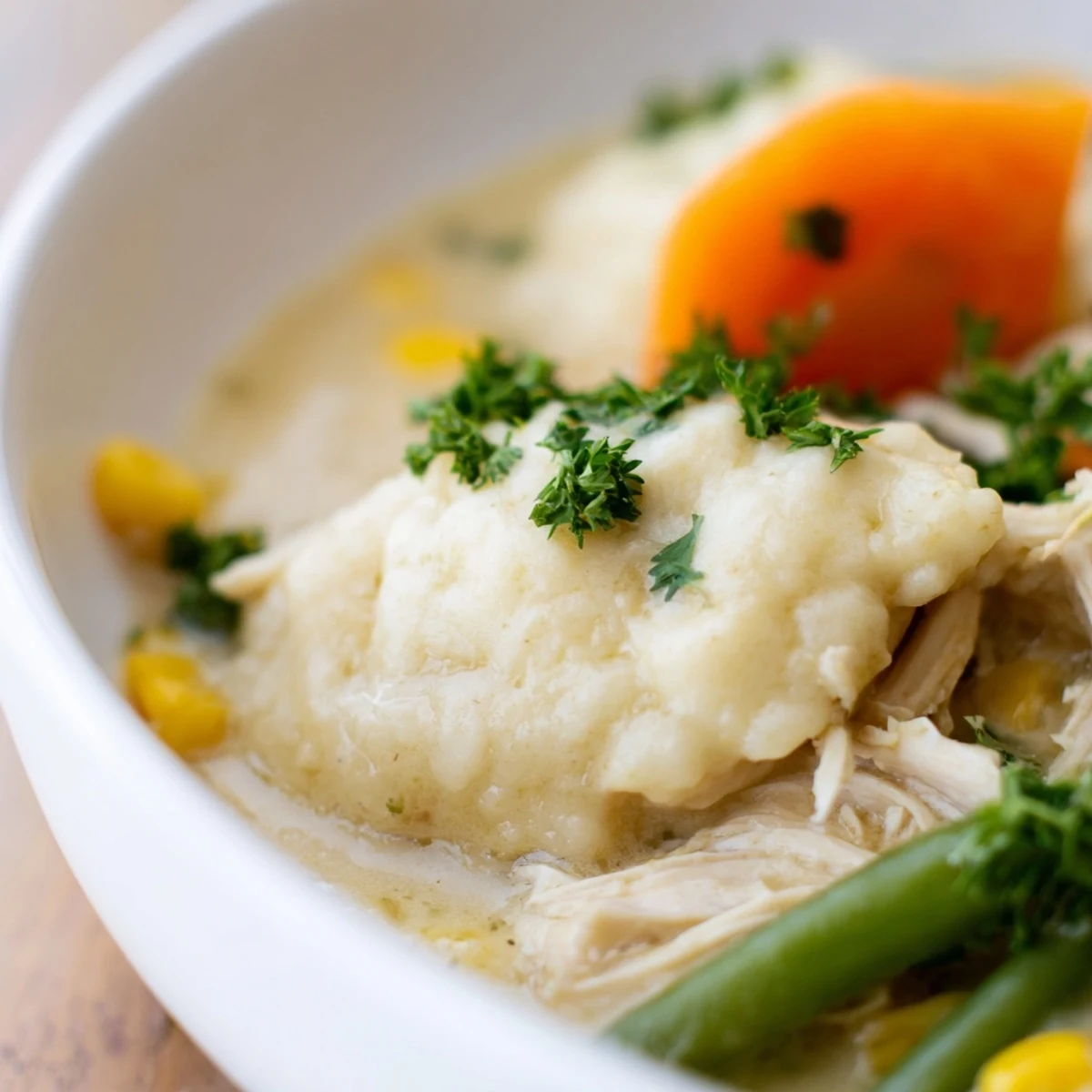 Golden dumplings rest atop Slow Cooker Chicken and Dumplings with Vegetables in a creamy broth with celery and carrots.