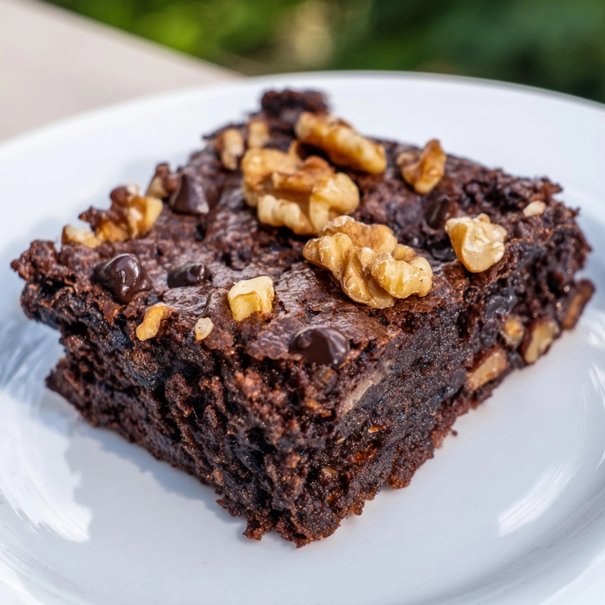 A close-up slice of moist Chocolate Fudge Brownies with Chopped Walnuts, showcasing gooey chocolate chips and a dense, chocolatey crumb.