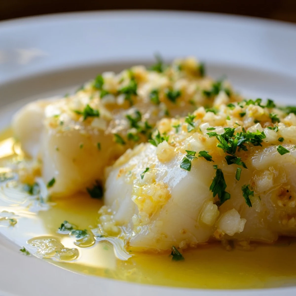 Fork-tender Baked Cod with Garlic Butter and Fresh Parsley fillets glistening with golden butter and herbs.